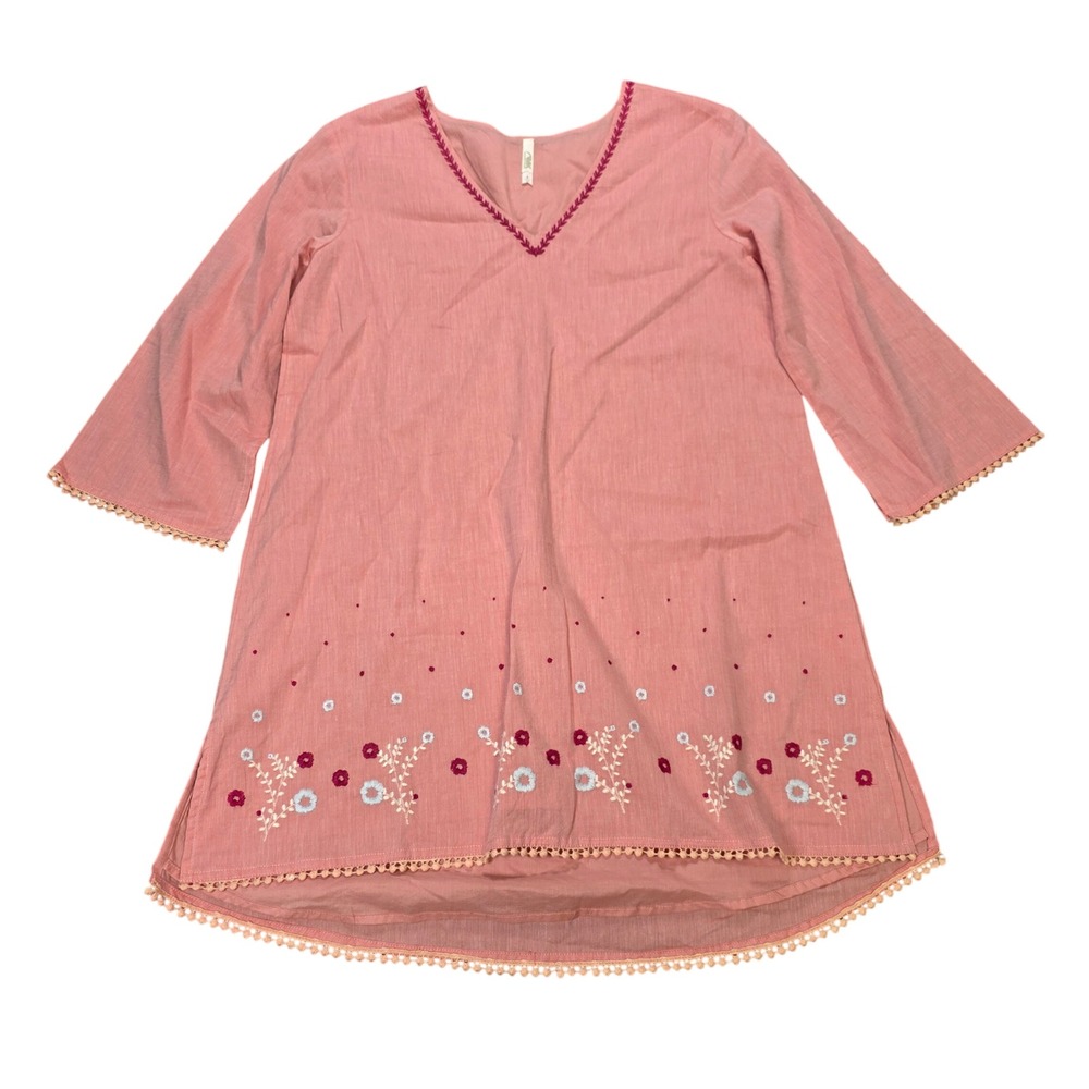 MK Mountain Khakis Embroidered Boho Tunic Top Women's Size S Pink Pom Pom Trim